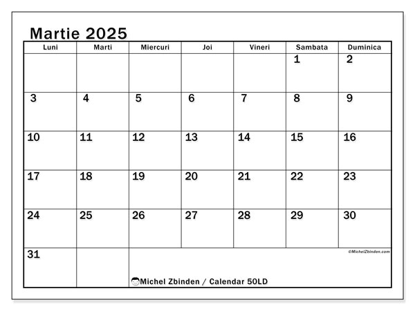 Calendar martie 2025 “50”. Jurnal imprimabil gratuit.. Luni până duminică