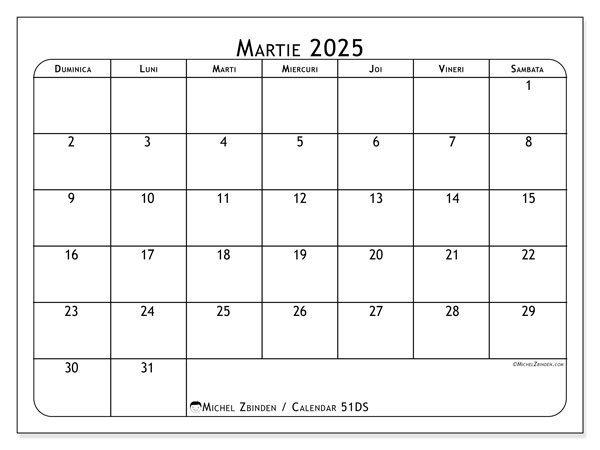 Calendrier à imprimer, martie 2025, 51DS