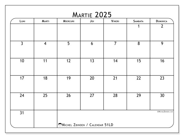 Calendrier à imprimer, martie 2025, 51LD