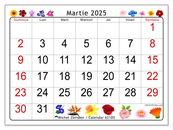 Calendar martie 2025 “621”. Calendar pentru imprimare gratuit.. Duminică până sâmbătă