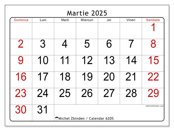 Calendar martie 2025 “62”. Calendar pentru imprimare gratuit.. Duminică până sâmbătă