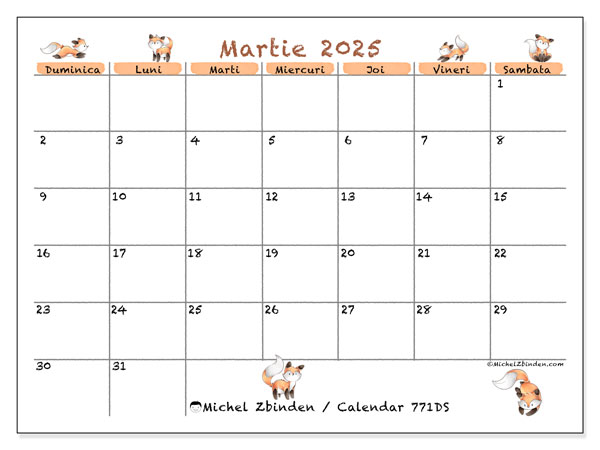 Calendar martie 2025, 771DS. Calendar pentru imprimare gratuit.
