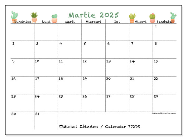 Calendar martie 2025 “772”. Calendar pentru imprimare gratuit.. Duminică până sâmbătă