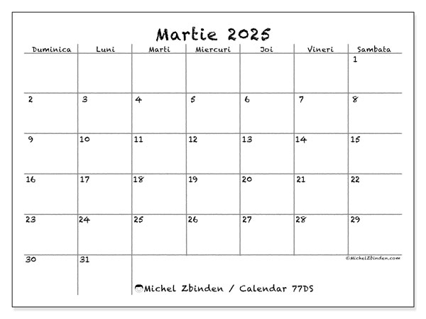 Calendar martie 2025 “77”. Calendar pentru imprimare gratuit.. Duminică până sâmbătă