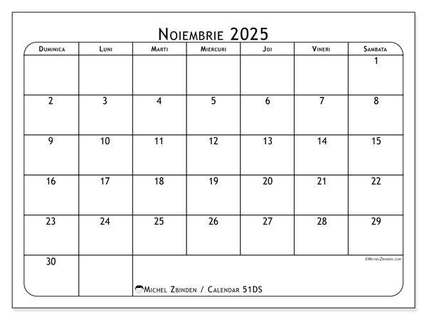 Calendrier à imprimer, noiembrie 2025, 51DS