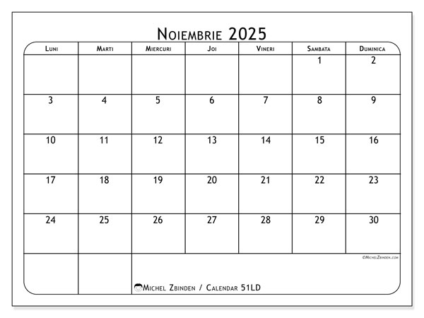 Calendrier à imprimer, noiembrie 2025, 51LD