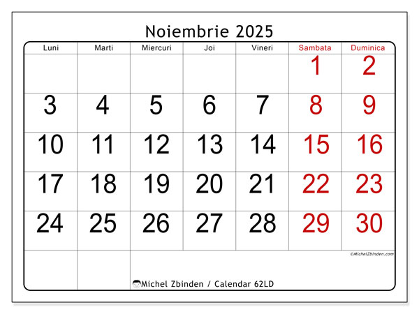 Calendrier à imprimer, noiembrie 2025, 62LD