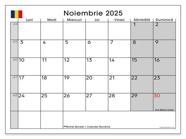 Tulostettava kalenteri, marraskuu 2025, Romania