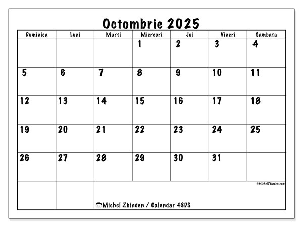 Calendrier à imprimer, octombrie 2025, 48DS