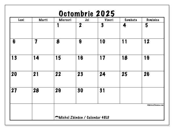 Calendrier à imprimer, octombrie 2025, 48LD