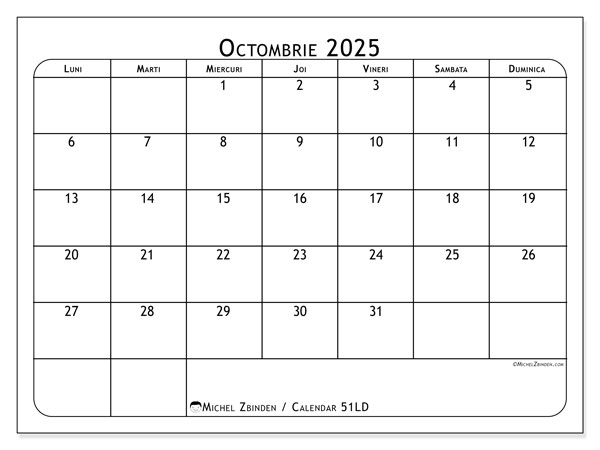 Calendrier à imprimer, octombrie 2025, 51LD