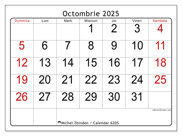 Calendrier à imprimer, octombrie 2025, 62DS