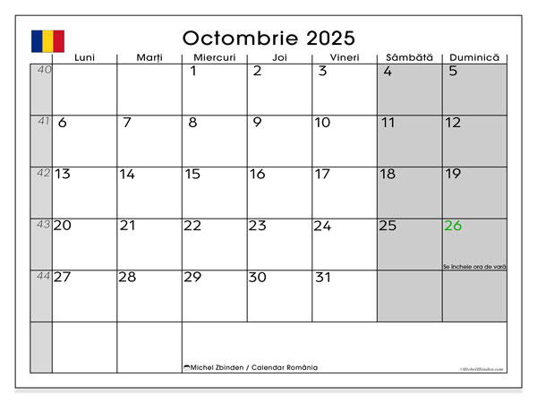 Kalender zum Ausdrucken, Oktober 2025, Rumänien