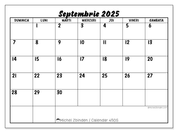 Calendrier à imprimer, septembrie 2025, 45DS