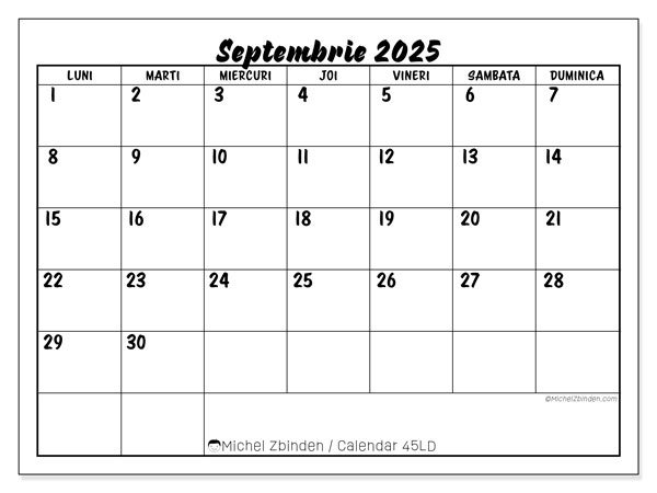 Calendrier à imprimer, septembrie 2025, 45LD