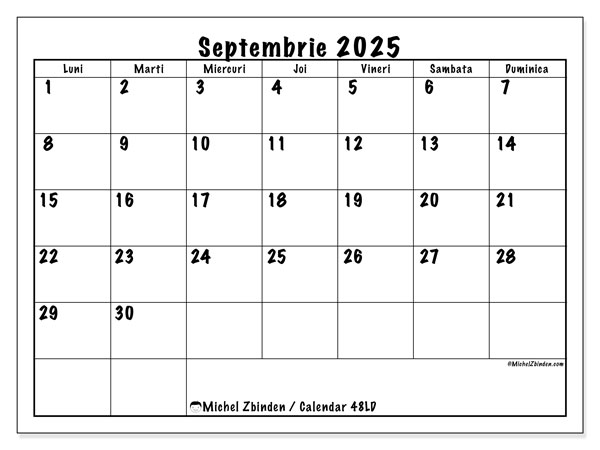 Calendrier à imprimer, septembrie 2025, 48LD