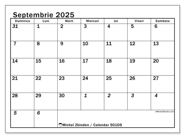 Calendrier à imprimer, septembrie 2025, 501DS