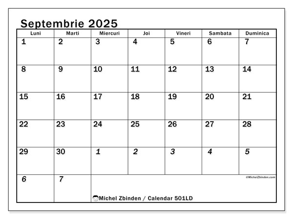 Calendrier à imprimer, septembrie 2025, 501LD