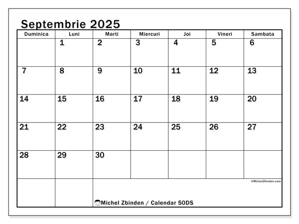 Calendrier à imprimer, septembrie 2025, 50DS