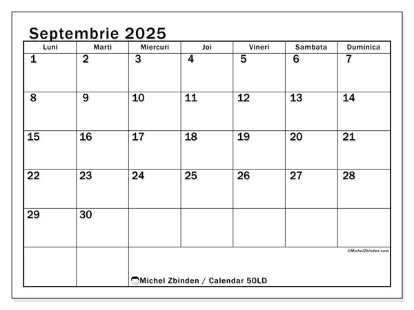 Calendrier à imprimer, septembrie 2025, 50LD