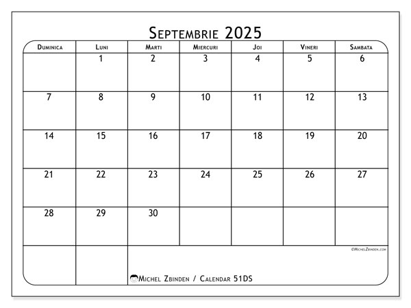 Calendrier à imprimer, septembrie 2025, 51DS