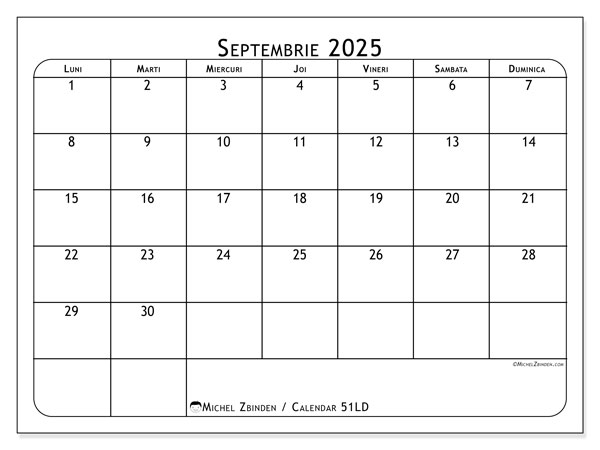 Calendrier à imprimer, septembrie 2025, 51LD
