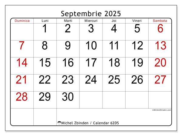 Calendrier à imprimer, septembrie 2025, 62DS