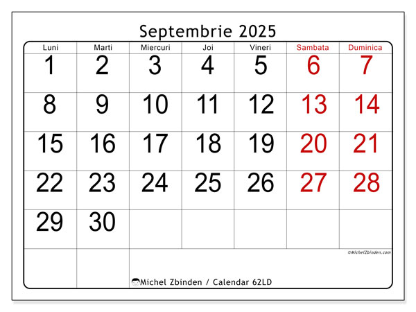 Calendrier à imprimer, septembrie 2025, 62LD