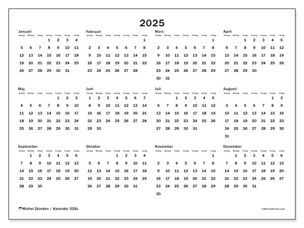 Kalender att skriva ut, 2025, 32SL