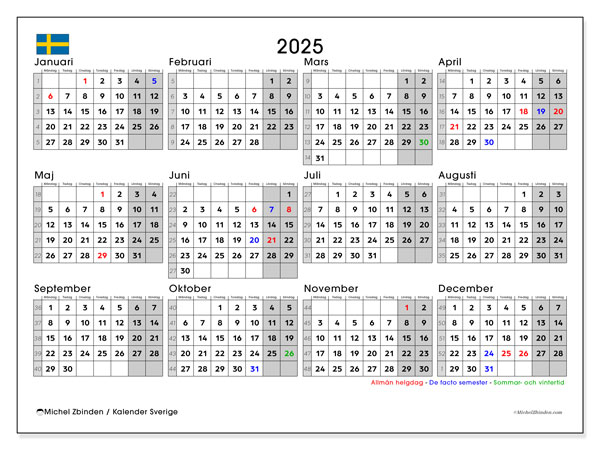 Kalender zum Ausdrucken, Jahrlich 2025, Schweden