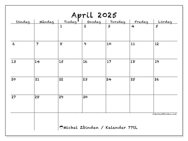 Kalender att skriva ut, april 2025, 77SL