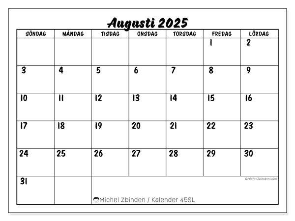 Kalender att skriva ut, augusti 2025, 45SL
