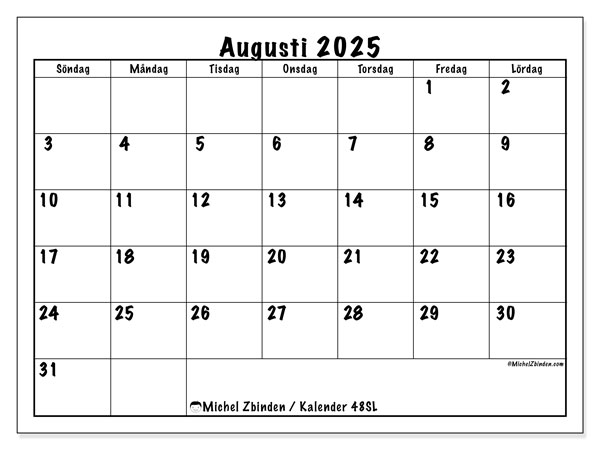 Kalender att skriva ut, augusti 2025, 48SL