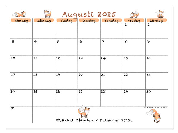 Kalender att skriva ut, augusti 2025, 771SL