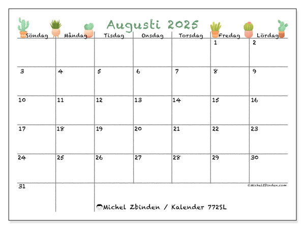 Kalender att skriva ut, augusti 2025, 772SL