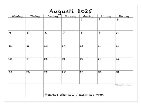 Kalender att skriva ut, augusti 2025, 77MS