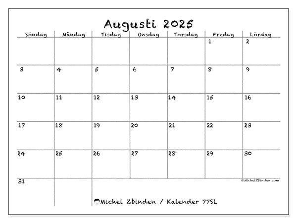 Kalender att skriva ut, augusti 2025, 77SL