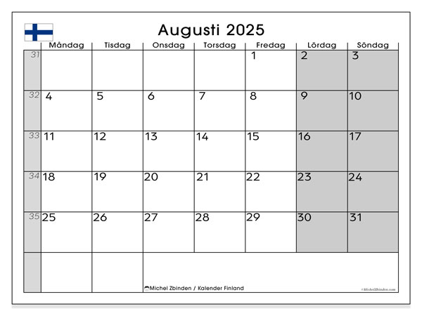 Kalender for utskrift, august 2025, Finland (SV)