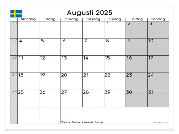 Kalender for utskrift, august 2025, Sverige