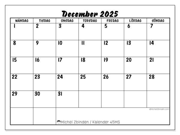Kalender att skriva ut, december 2025, 45MS