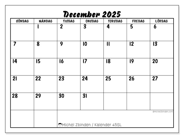 Kalender att skriva ut, december 2025, 45SL
