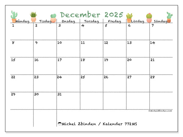 Kalender att skriva ut, december 2025, 772MS