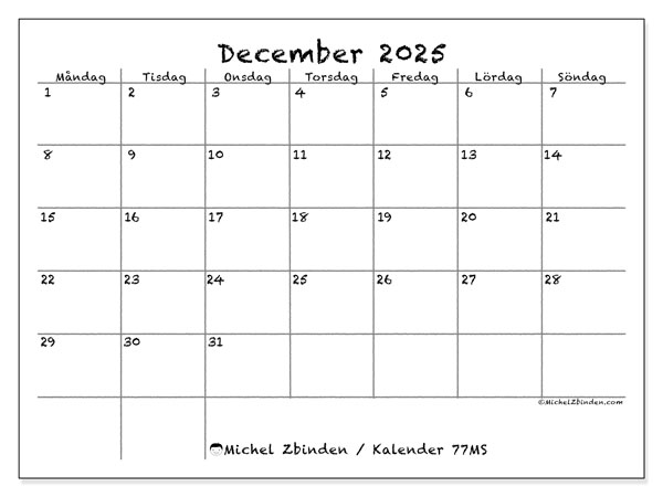 Kalender att skriva ut, december 2025, 77MS
