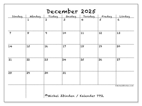 Kalender att skriva ut, december 2025, 77SL