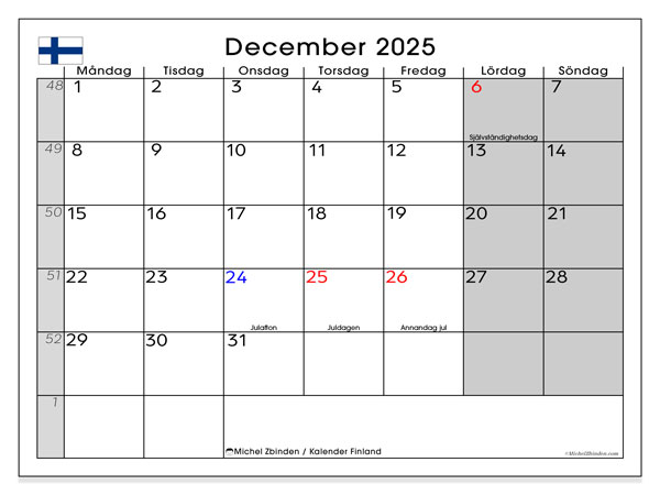 Kalendarz do druku, grudzień 2025, Finlandia (SV)