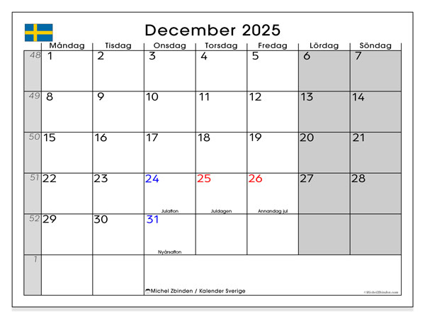 Calendario da stampare, dicembre 2025, Svezia
