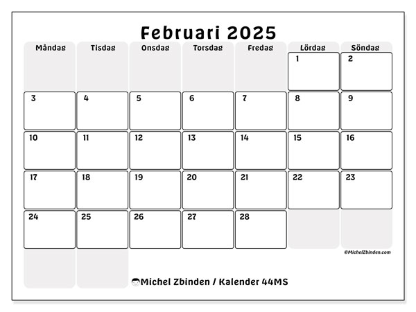 Kalender februari 2025, 44MS. Gratis utskrivbart program.