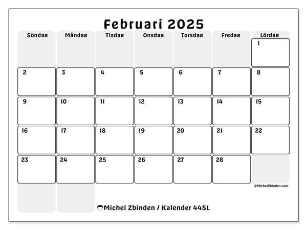 Kalender februari 2025, 44SL. Gratis karta som kan skrivas ut.