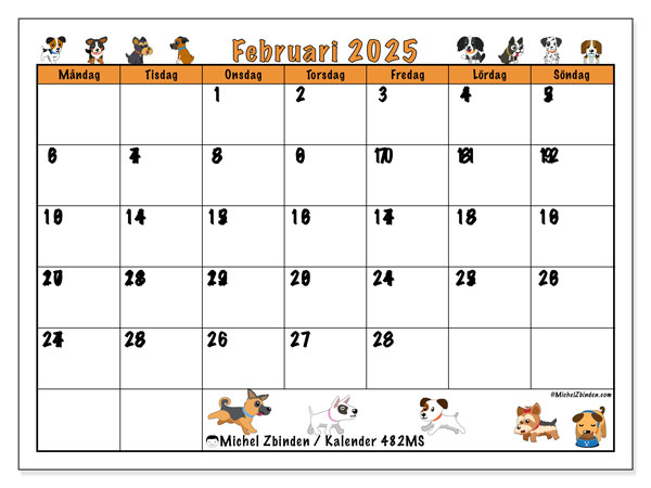 Kalender februari 2025 “482”. Gratis karta som kan skrivas ut.. Måndag till söndag