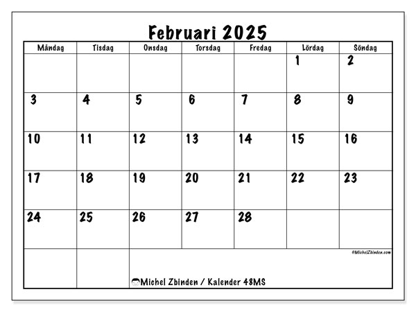 Kalender februari 2025 “48”. Gratis kalender som kan skrivas ut.. Måndag till söndag